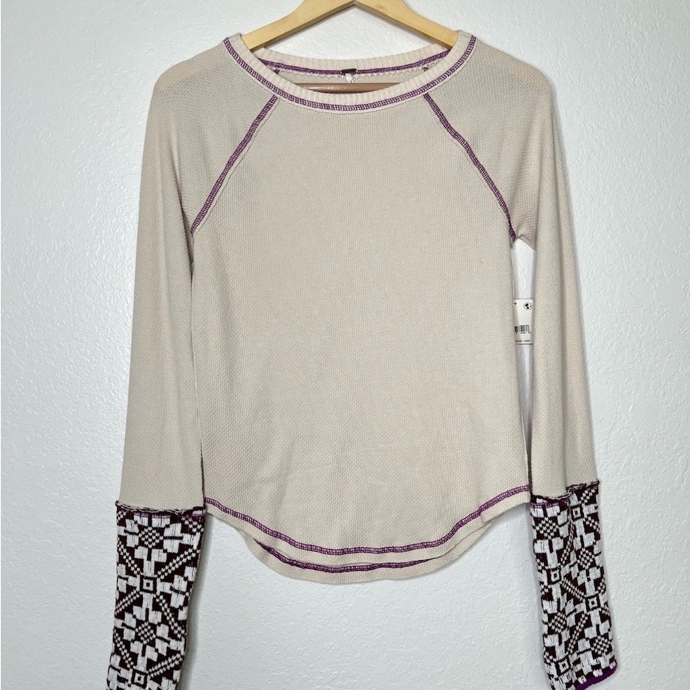 Free People She's Reversible Cuff Crewneck Thermal Knit Long Sleeve Top Sz L